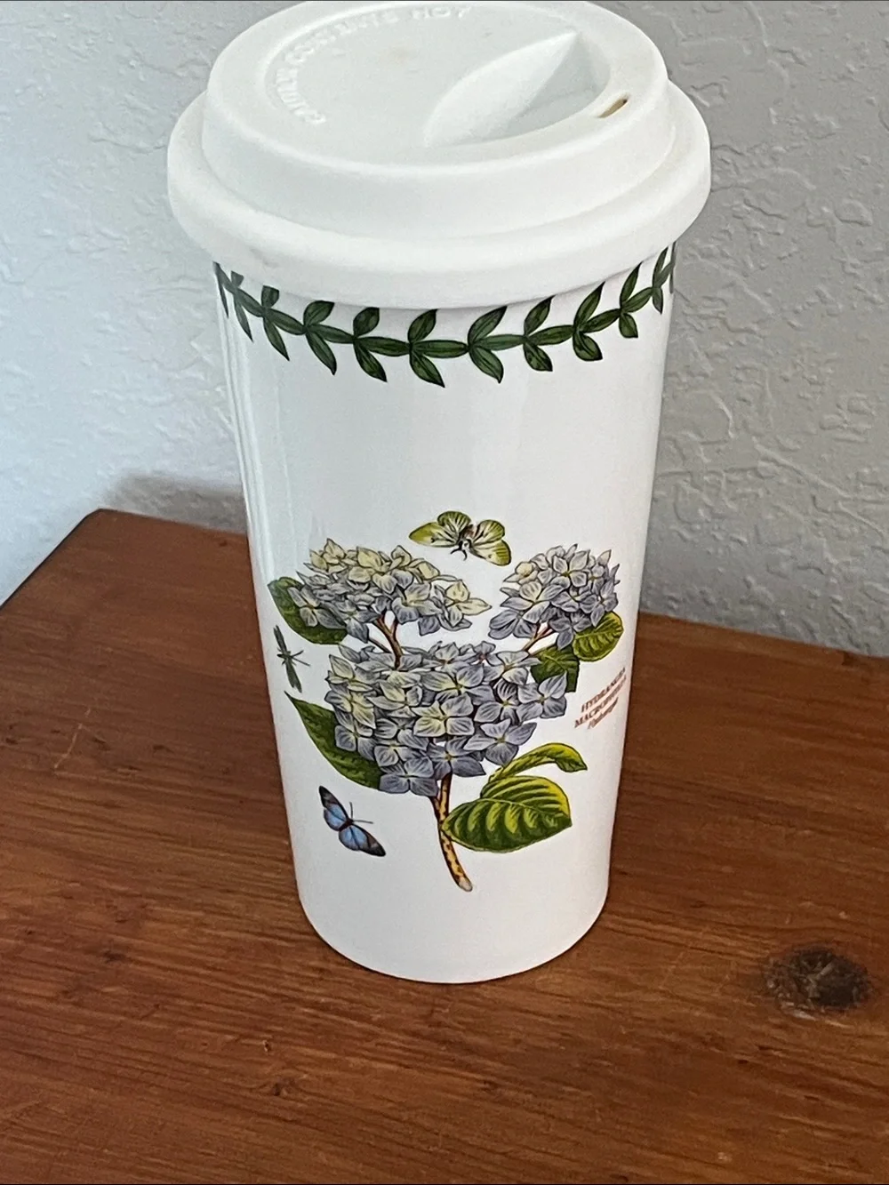 Portmeirion Botanic Garden Travel Mug with Blue Hydrangea and Green Leaf Motif